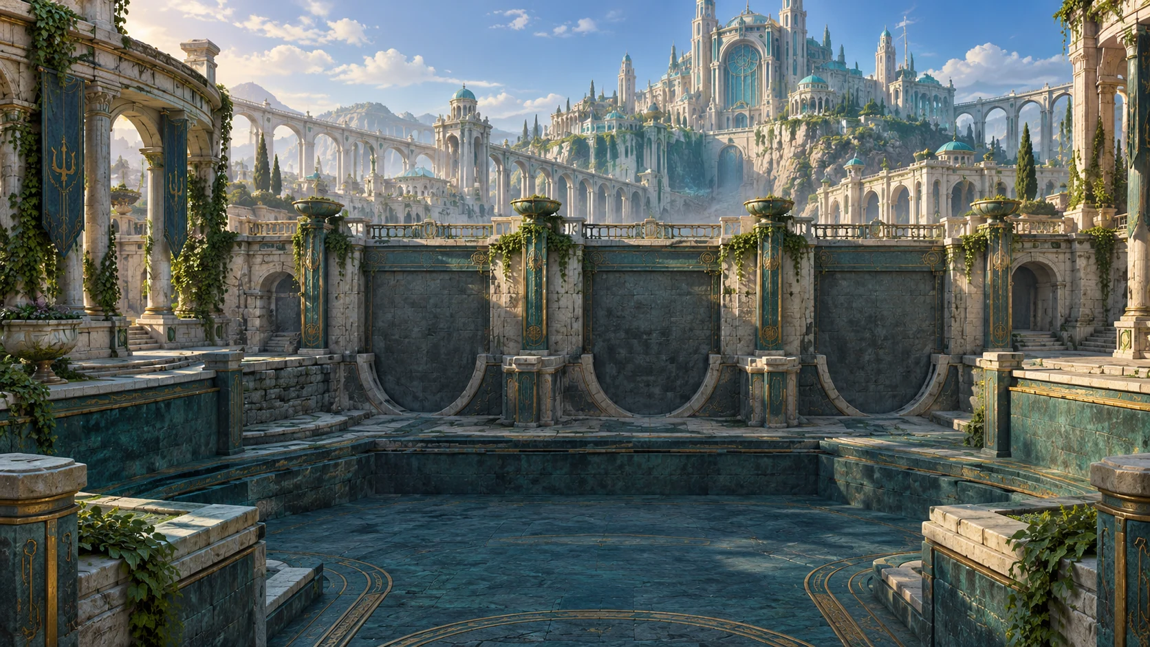 Sunlit palace, canals and cascading water from Atlantis City Wheels