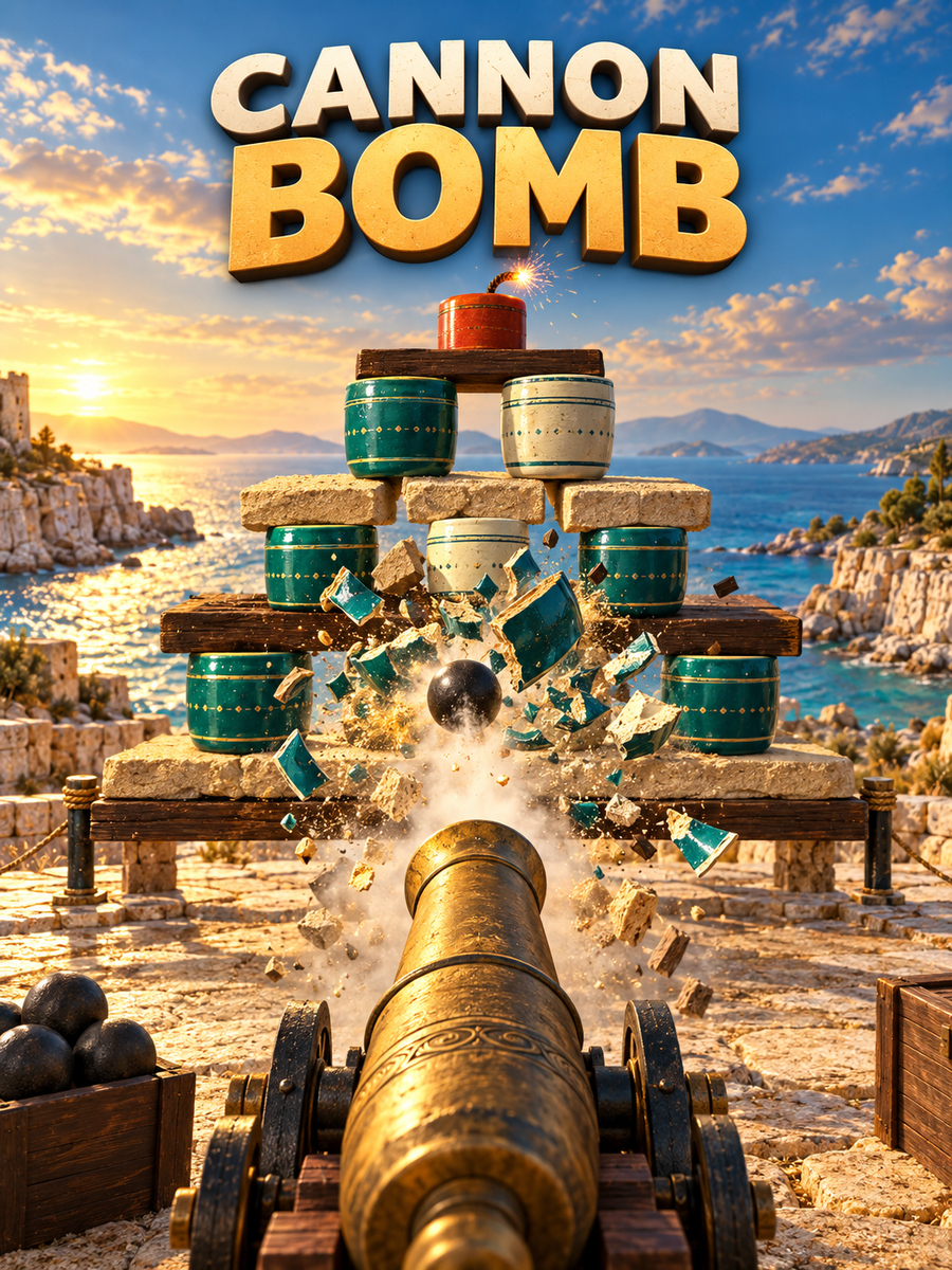 Cannon Bomb artwork with a cannon aimed at a towering structure in a warm dramatic landscape