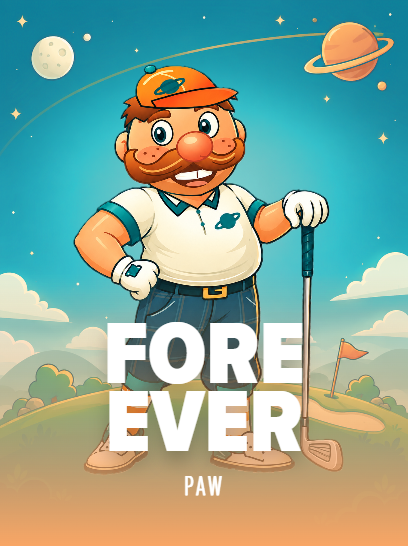 Smiling cartoon golfer in an orange cap holding a golf club beneath stars and planets in FORE! EVER.