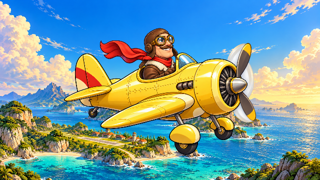 A smiling aviator in goggles and a red scarf flies a yellow propeller plane above turquoise water and sunlit islands in Wing It.
