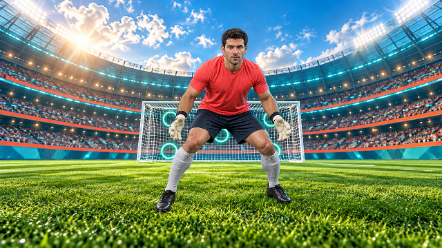 Goalkeeper in a coral jersey, dark shorts and gloves crouched in front of a stadium goal beneath a blue sky.