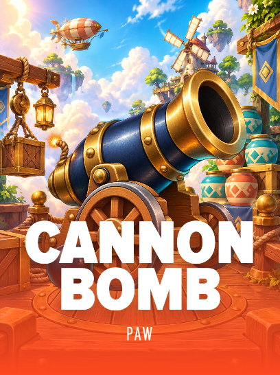 A brass-rimmed cannon against bright floating islands, workshop platforms, an airship and a sunny blue sky.